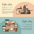 Coffee banner. Cup and coffee brewing methods. Coffee makers and coffee machines, kettle, french press, moka pot, cezve. Flat