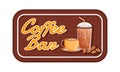 Coffee bar flat color vector label. Iced and hot drinks packaging sticker