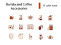 Coffee and barista appliance flat icons set. Color filled symbos collection. Isolated vector stock illustration Royalty Free Stock Photo