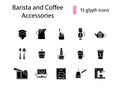 Coffee and barista appliance glyph icons set. Professional machine. Isolated vector stock illustration