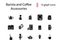 Coffee and barista appliance glyph icons set. Roasted beans. Isolated vector stock illustration