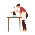 Coffee barista brewing drink in gezve flat vector illustration isolated.
