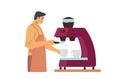 Coffee barista using machine for coffee brewing vector illustration isolated.