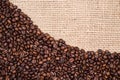 Coffee bean background with gunny textile