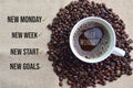 Coffee bean brown roasted and a cup of coffee with text NEW MONDAY, NEW WEEK, NEW START and NEW GOALS Royalty Free Stock Photo