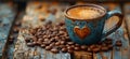 coffee bean cup and mug on table, in the style of smokey background, humor meets heart, shaped canvas, atmospheric Royalty Free Stock Photo