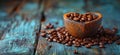 coffee bean cup and mug on table, in the style of smokey background, humor meets heart, shaped canvas, atmospheric Royalty Free Stock Photo