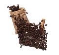 Coffee bean fall down pour in sack bag, Coffee seeds float explode, abstract cloud fly. Coffee beans splash throwing in Air. White Royalty Free Stock Photo