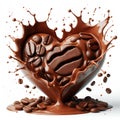 Coffee bean falling into chocolate splash heart shape isolated on white background Royalty Free Stock Photo