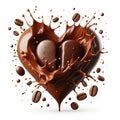 Coffee bean falling into chocolate splash heart shape isolated on white background Royalty Free Stock Photo