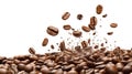 Coffee bean fly explosion, coffee crushed mix seed float explode on white background isolated. Generative AI Royalty Free Stock Photo