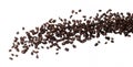 Coffee bean fly explosion, Coffee seeds float explode, abstract cloud fly. Coffee beans splash throwing in Air. White background Royalty Free Stock Photo