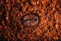 Coffee bean on heap of ground coffee