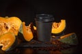 Coffee bean pumpkin spice latte nutrition recipie mock up. cut pumpkin coffee beans and brown paper cup for coffee break with a