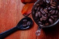 Coffee bean on tea spoon on wood table with copy space