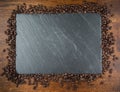 Coffee beans along a slate board