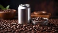 Coffee beans and aluminum can on a dark background. Generative Ai.