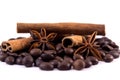 Coffee beans anise and cinnamon sticks Royalty Free Stock Photo