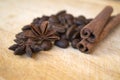 Coffee beans with anise and cinnamon on wooden background Royalty Free Stock Photo