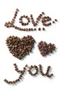 Coffee beans arranged in phrase Love you.Isolated in white