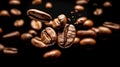 Coffee beans background. Roasted falling or flying coffee beans on black background. Royalty Free Stock Photo