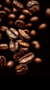 Coffee beans background. Roasted falling or flying coffee beans on black background. Royalty Free Stock Photo