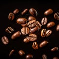 Coffee beans background. Roasted falling or flying coffee beans on black background. Royalty Free Stock Photo