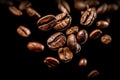 Coffee beans background. Roasted falling or flying coffee beans on black background. Royalty Free Stock Photo