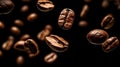 Coffee beans background. Roasted falling or flying coffee beans on black background. Royalty Free Stock Photo