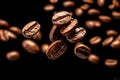 Coffee beans background. Roasted falling or flying coffee beans on black background. Royalty Free Stock Photo