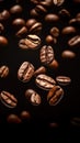 Coffee beans background. Roasted falling or flying coffee beans on black background. Royalty Free Stock Photo