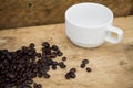 Coffee beans background on wooden, Fresh coffee beans with coffee cup on wooden background, Drinking set background