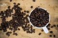 Coffee beans background on wooden, Fresh coffee beans with coffee cup on wooden background, Drinking set background