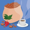 Coffee beans bag cup berries and leaves vector design Royalty Free Stock Photo