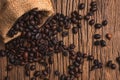 Coffee beans in bag on a old wooden background,Close up roasted coffee beans in small sack on wooden table. Outdoor shooting with