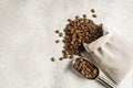 Coffee beans bag and scoop on beige Royalty Free Stock Photo