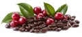 The coffee beans and berries arranged with vibrant green leaves for freshness. AI generated image Royalty Free Stock Photo