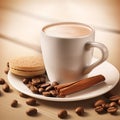 coffee beans and biscuits on a wooden table with a cup of coffee and a biscuit Royalty Free Stock Photo