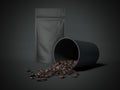 Coffee beans in a black cup and paper bag. 3d rendering Royalty Free Stock Photo