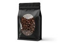 Coffee beans in black packaging bag isolated on white background Royalty Free Stock Photo
