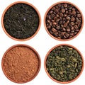 Coffee beans, black tea with petals, green oolong tea and cocoa powder in a bowl, top view. Collection of dry traditional drinks Royalty Free Stock Photo