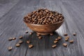 Coffee beans in bowl at wood background Royalty Free Stock Photo