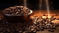 Coffee beans in a bowl on a wooden table with a beam of light dark background Royalty Free Stock Photo