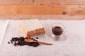 Coffee beans and bread and a glass of espresso. Royalty Free Stock Photo