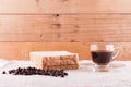 Coffee beans and bread and a glass of espresso. Royalty Free Stock Photo