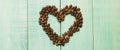 banner for website, coffee beans on brown matter, the heart of the coffee beans, background