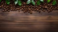 Coffee beans in a brown wooden background and with coffee leaves in the form of damaged and weathered surfaces use of general