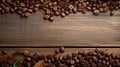 Coffee beans in a brown wooden background and with coffee leaves in the form of damaged and weathered surfaces use of general