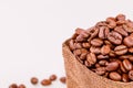 Coffee beans in a burlap bag on white background Royalty Free Stock Photo
