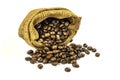 Coffee beans in a coffee burlap bag on white background.shallow focus effect. soft focus